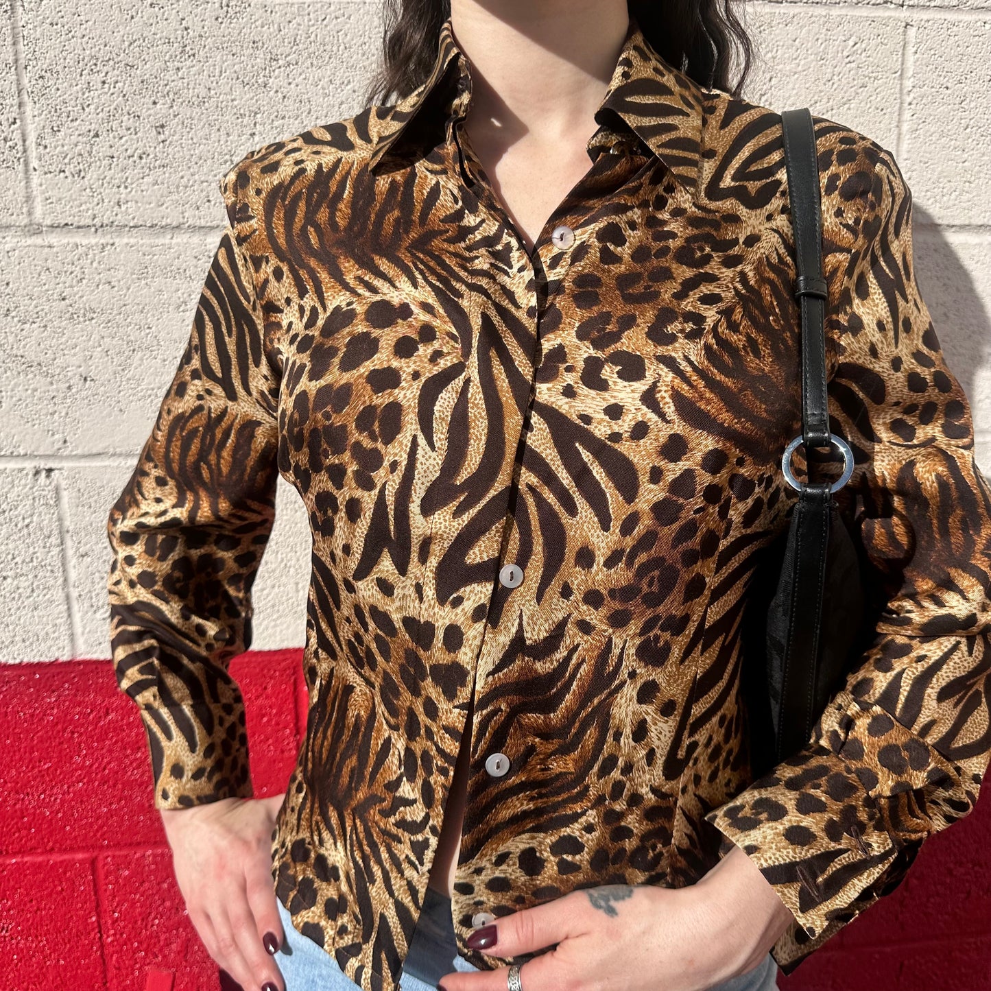 animal print long sleeve button up blouse π