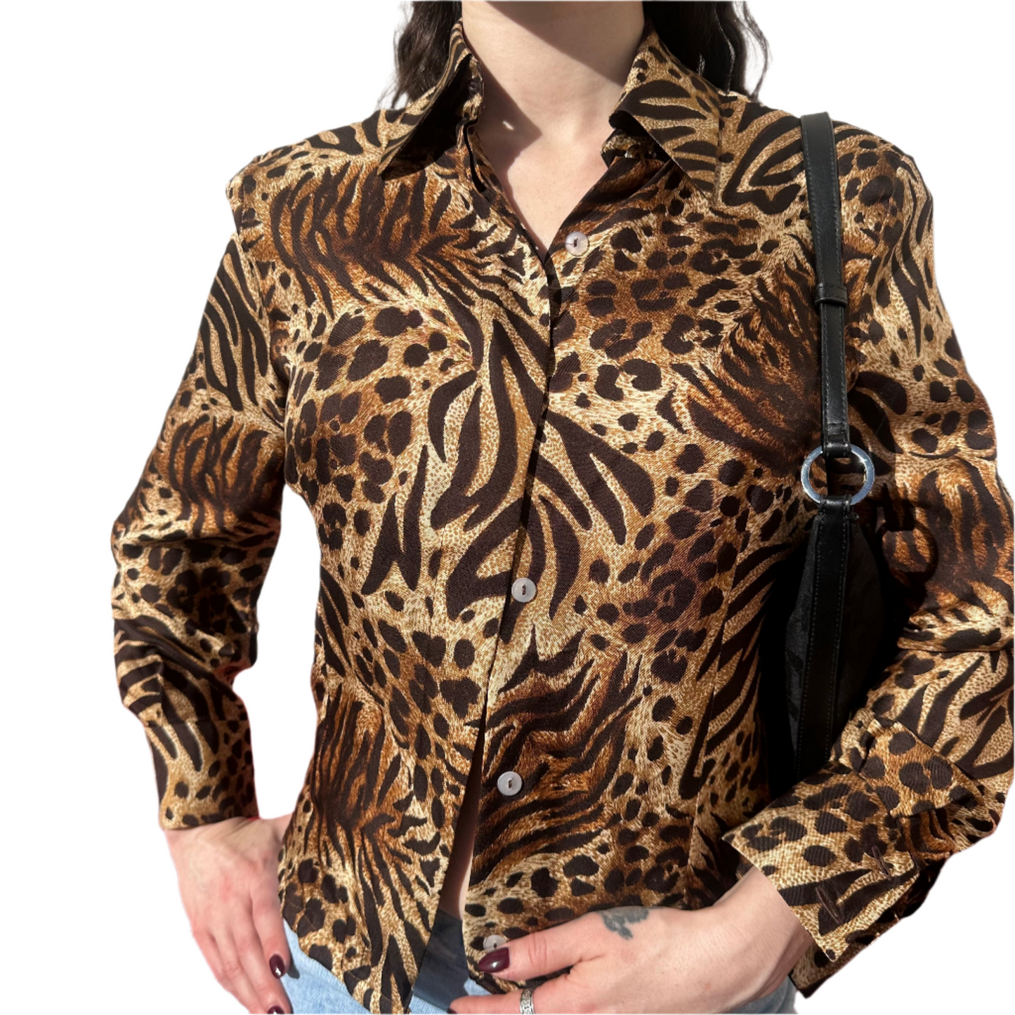 animal print long sleeve button up blouse π