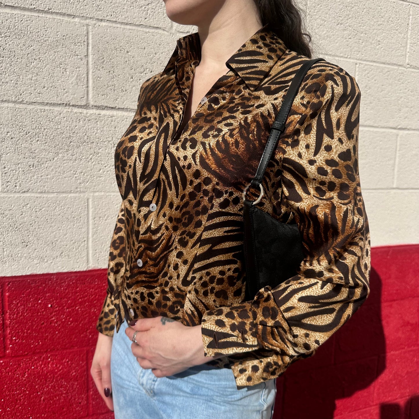 animal print long sleeve button up blouse π